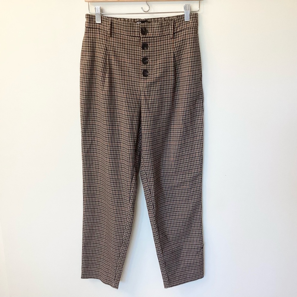 Zara Elastic Waist Button Fly Plaid Trouser Pants - Tan/Rust/Navy/Burgundy - S